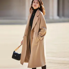 100% Wool Elegant Double Breasted Belted Warm Wool Coat