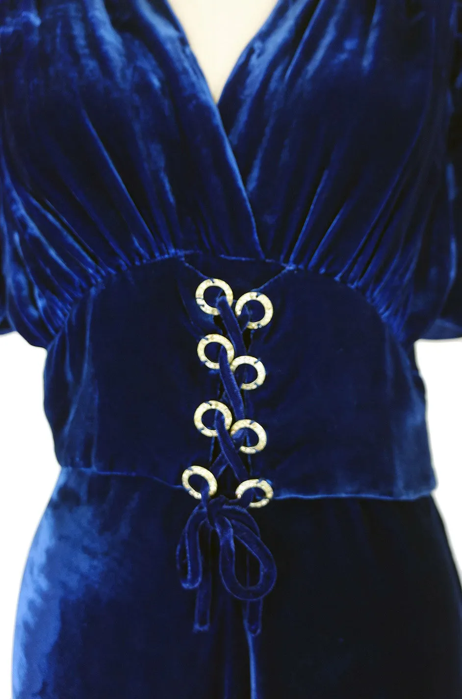 1930s Blue Silk Velvet Rhinestone Gown