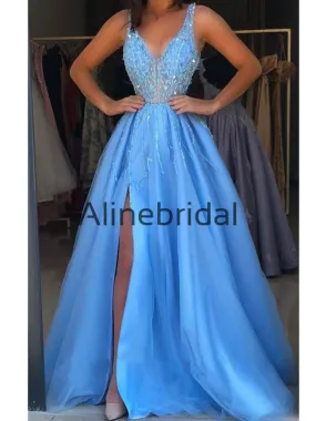 A-line Blue Charming Beading Gorgeous Long Prom Dresses ,Evening dress, PD1002