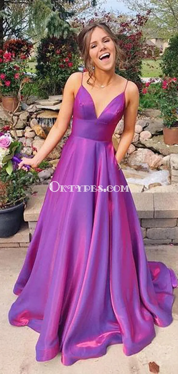 A-line V-neck Satin Long Simple Prom Dresses, Purple Bridesmaid Dresses Online, TYP1222