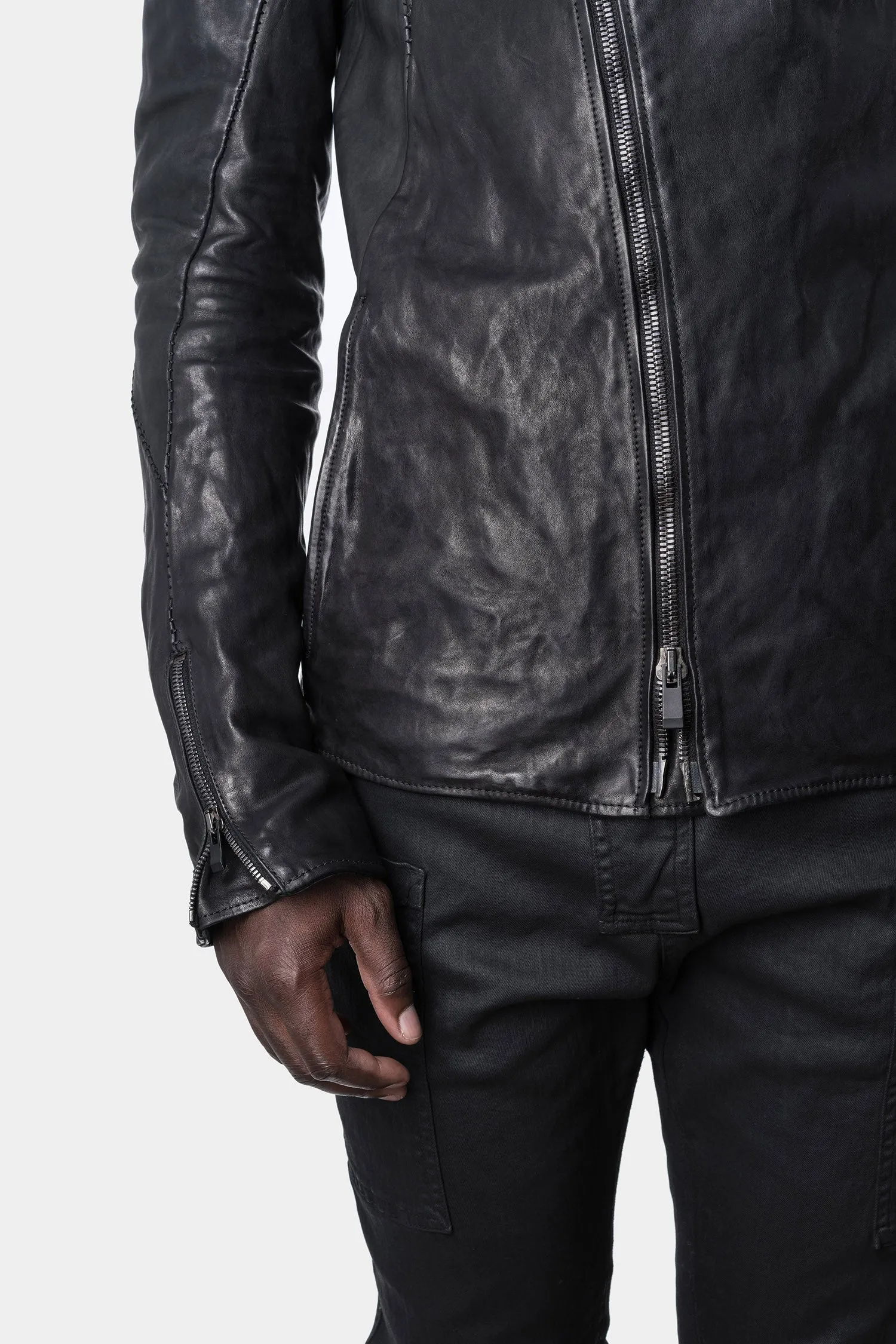 Asymmetrical zip high neck leather jacket