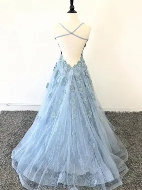 Blue Scoop Neck Light Blue Backless Lace Prom Dresses Lace Formal Evening Dresses,DP427