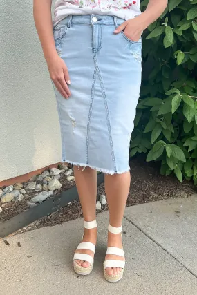 Brenna Distressed Denim Skirt in Lt. Wash