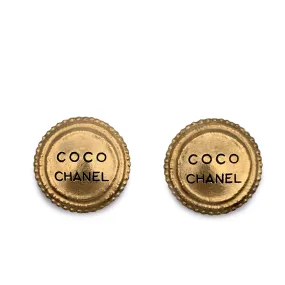 Chanel Vintage Gold Metal Round Coco Chanel Clip On Earrings