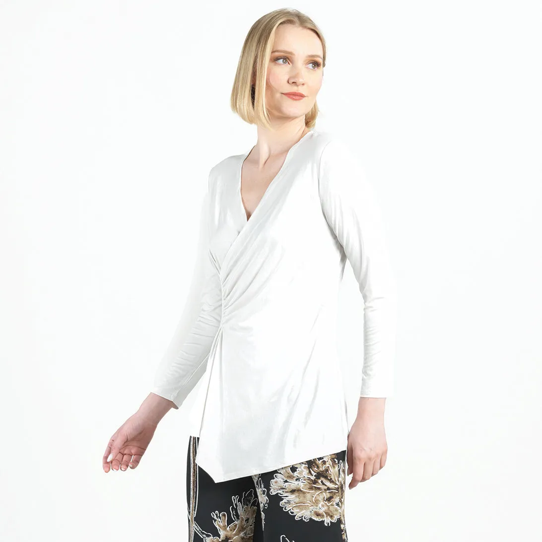 Crushed Silk Knit - Long Sleeve Side Gathered Drape Tunic - Ivory - Final Sale!