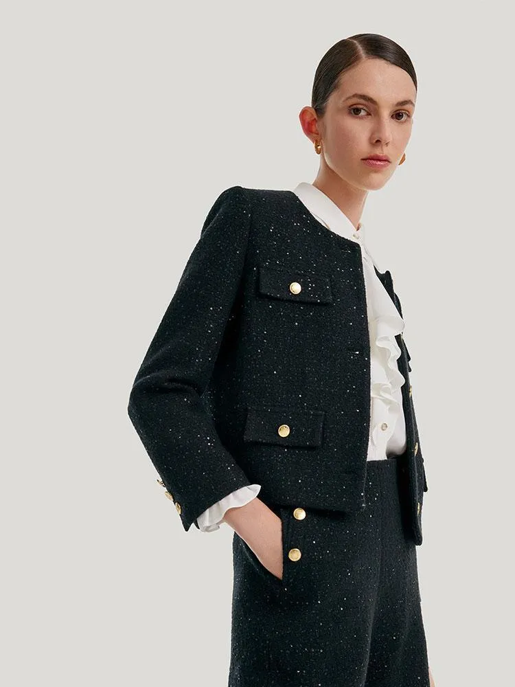 Elegant Black Tweed Cropped Jacket