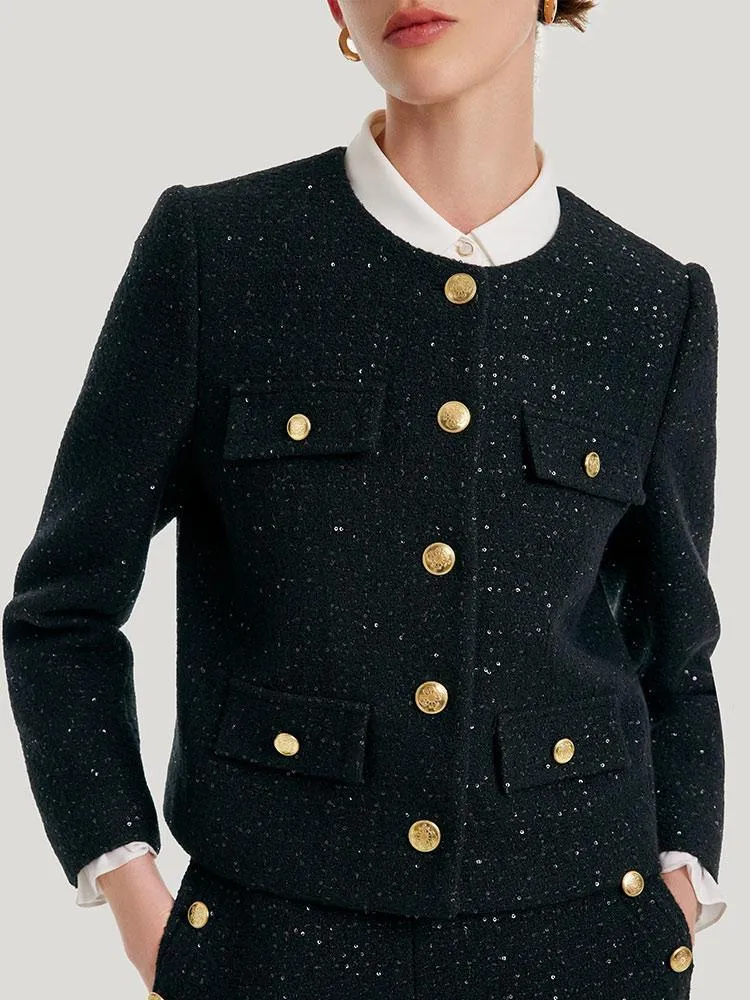 Elegant Black Tweed Cropped Jacket