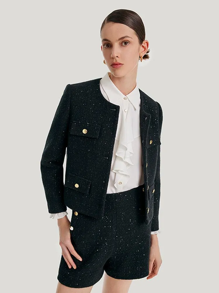 Elegant Black Tweed Cropped Jacket