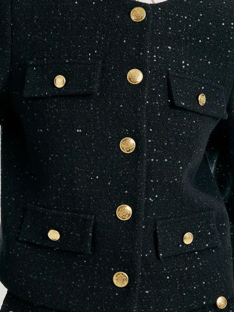 Elegant Black Tweed Cropped Jacket