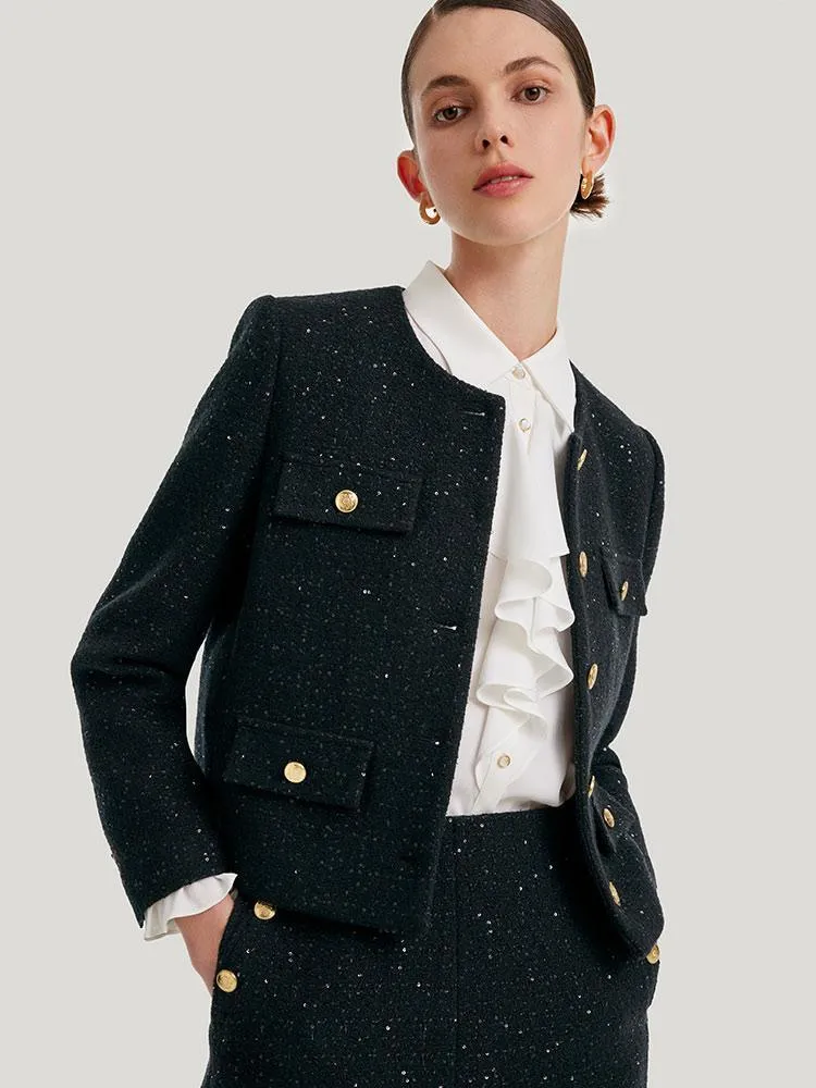 Elegant Black Tweed Cropped Jacket