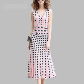 Elegant Grid Runway Summer Knit Dress