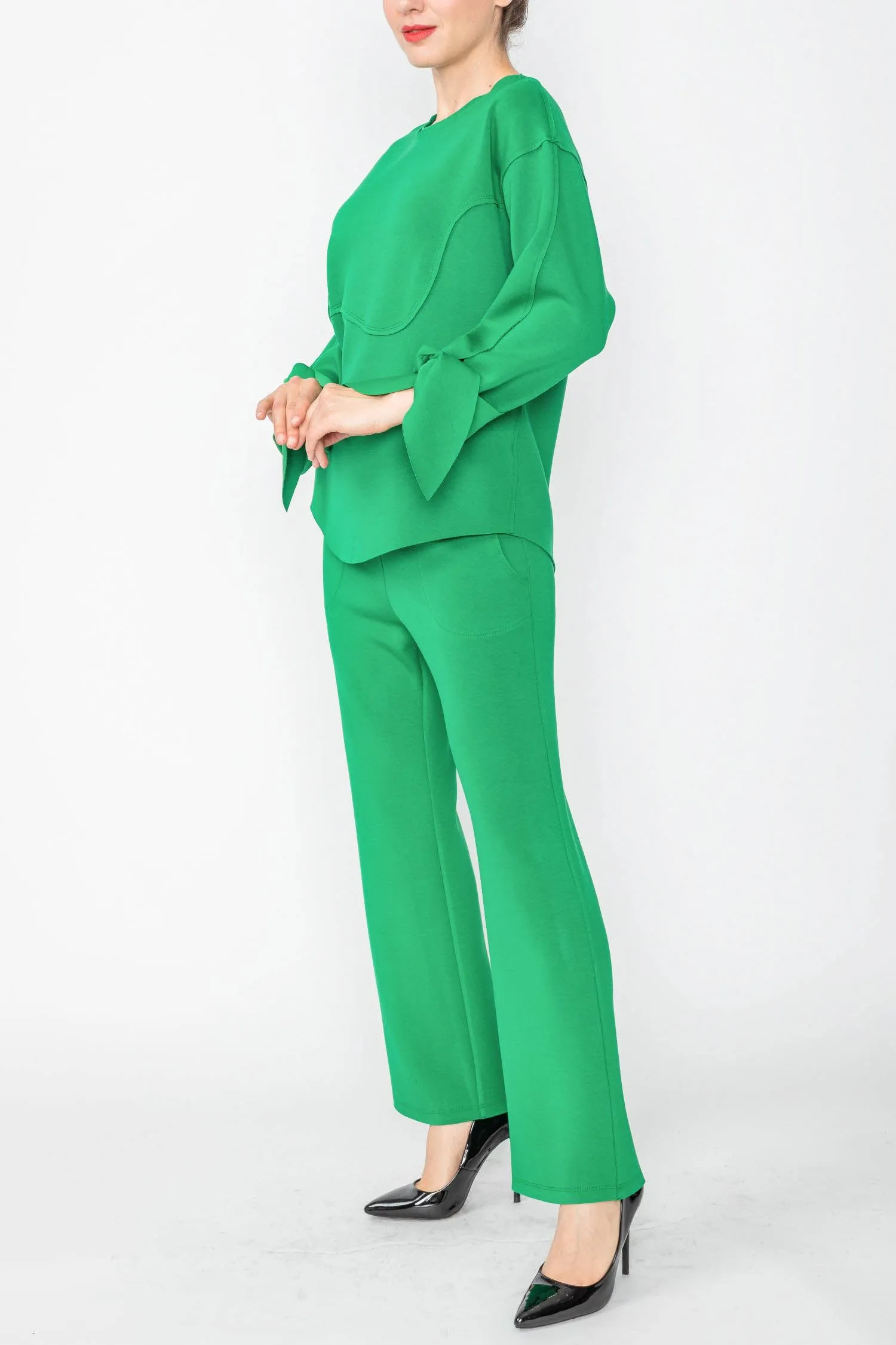 Green Asymmetrical Cut Sleeve Tie Top