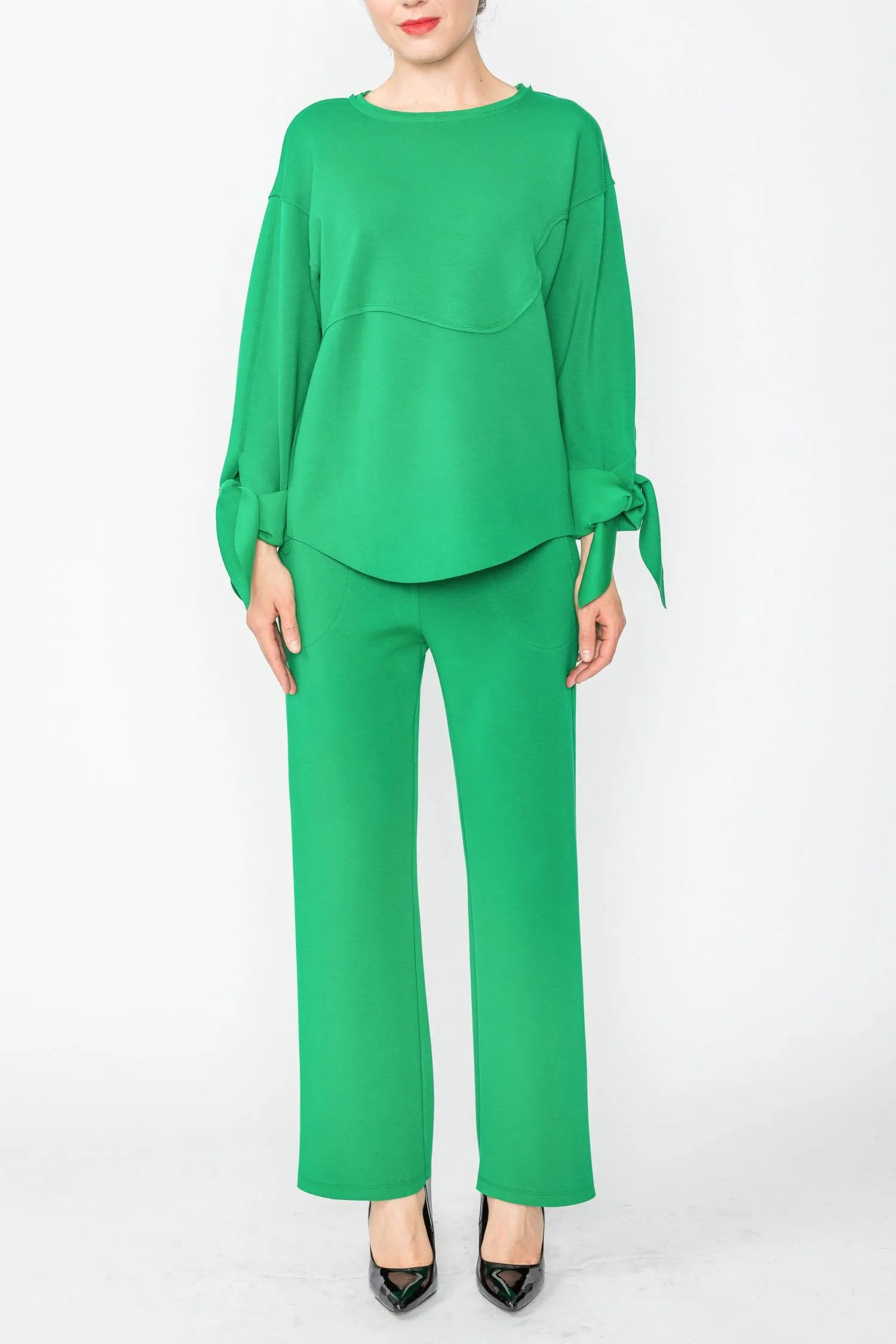 Green Asymmetrical Cut Sleeve Tie Top