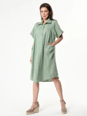 Midi Linen Dress With Side Pockets In Light Green