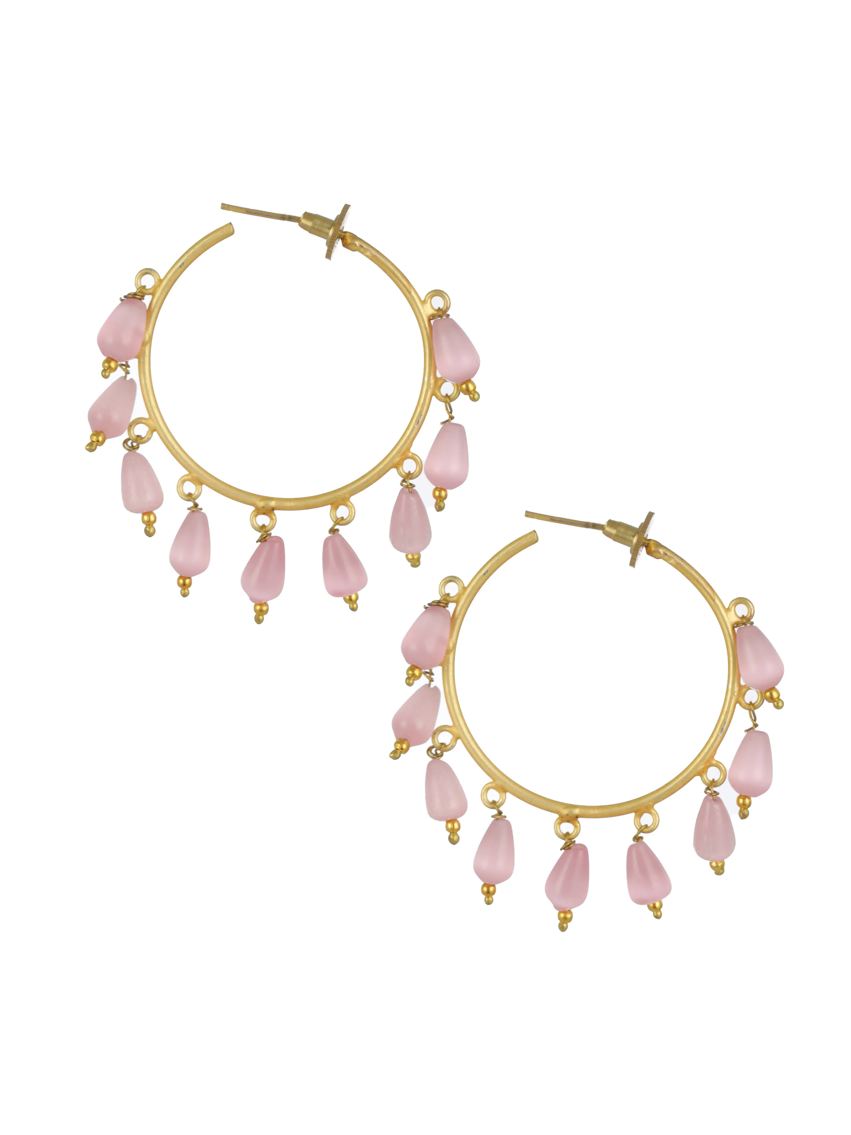 Pink Gold Plated & Stone Drop Contemporary Hoop Earrings