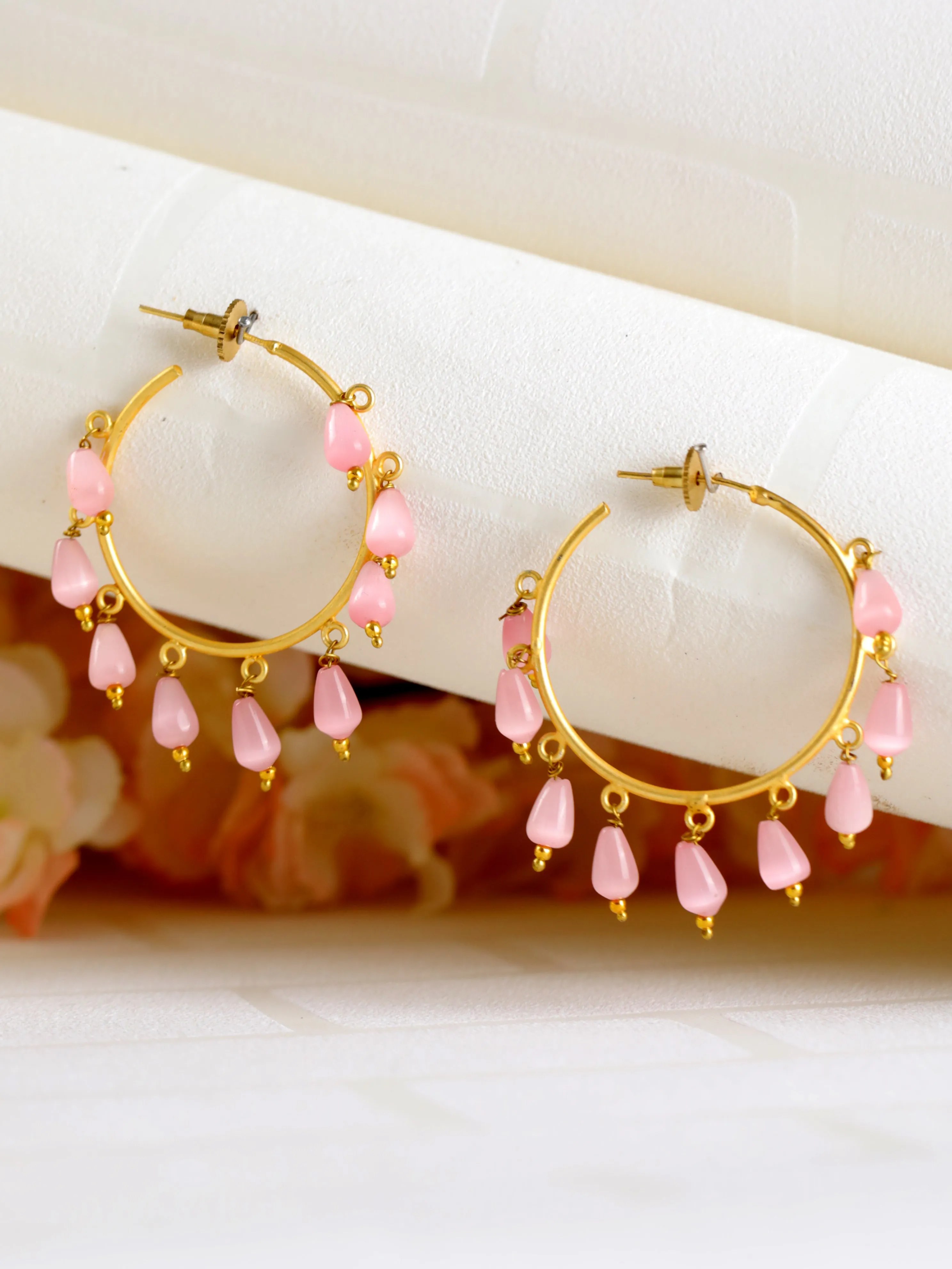 Pink Gold Plated & Stone Drop Contemporary Hoop Earrings