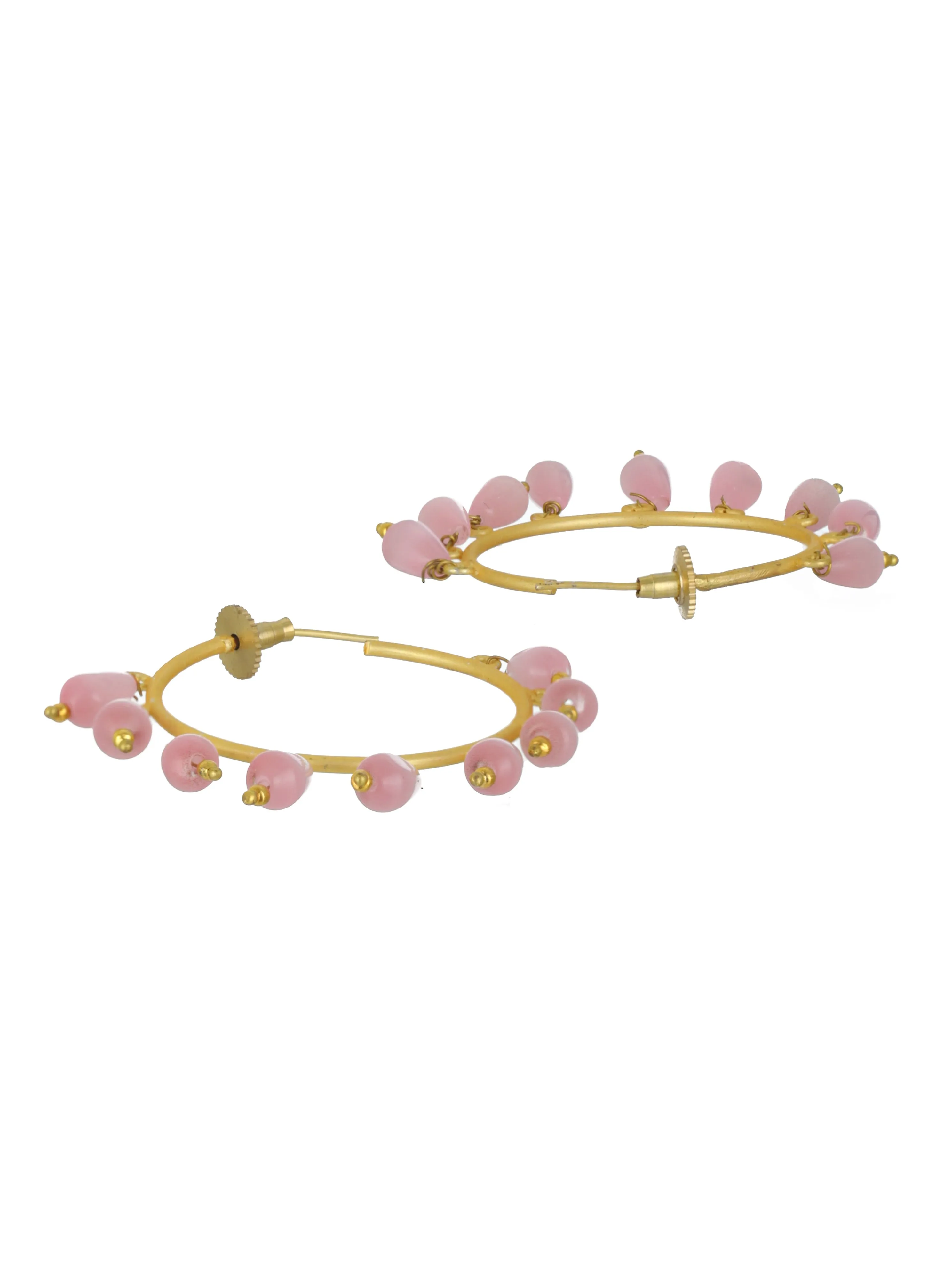 Pink Gold Plated & Stone Drop Contemporary Hoop Earrings