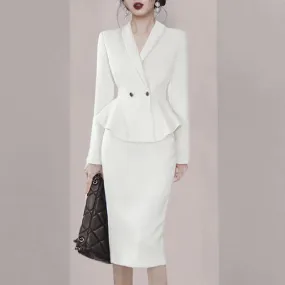 Spring 2 Piece Skirt Suits Office Ladies Ruffles Blazer and Pencil Mid Skirt Fashion Female Business Interview Suit Sets