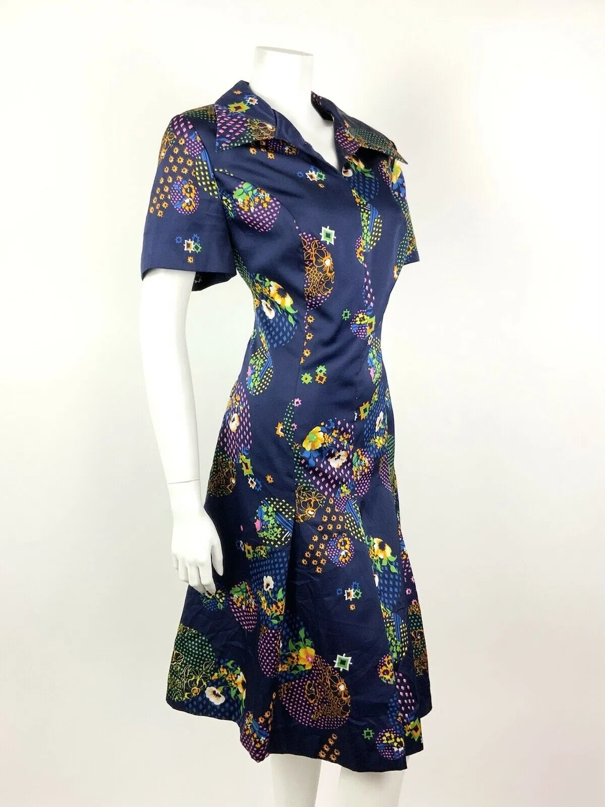 VINTAGE 60s 70s BLUE PINK GREEN YELLOW GEOMETRIC FLORAL DOTTY DAGGER DRESS 14 16