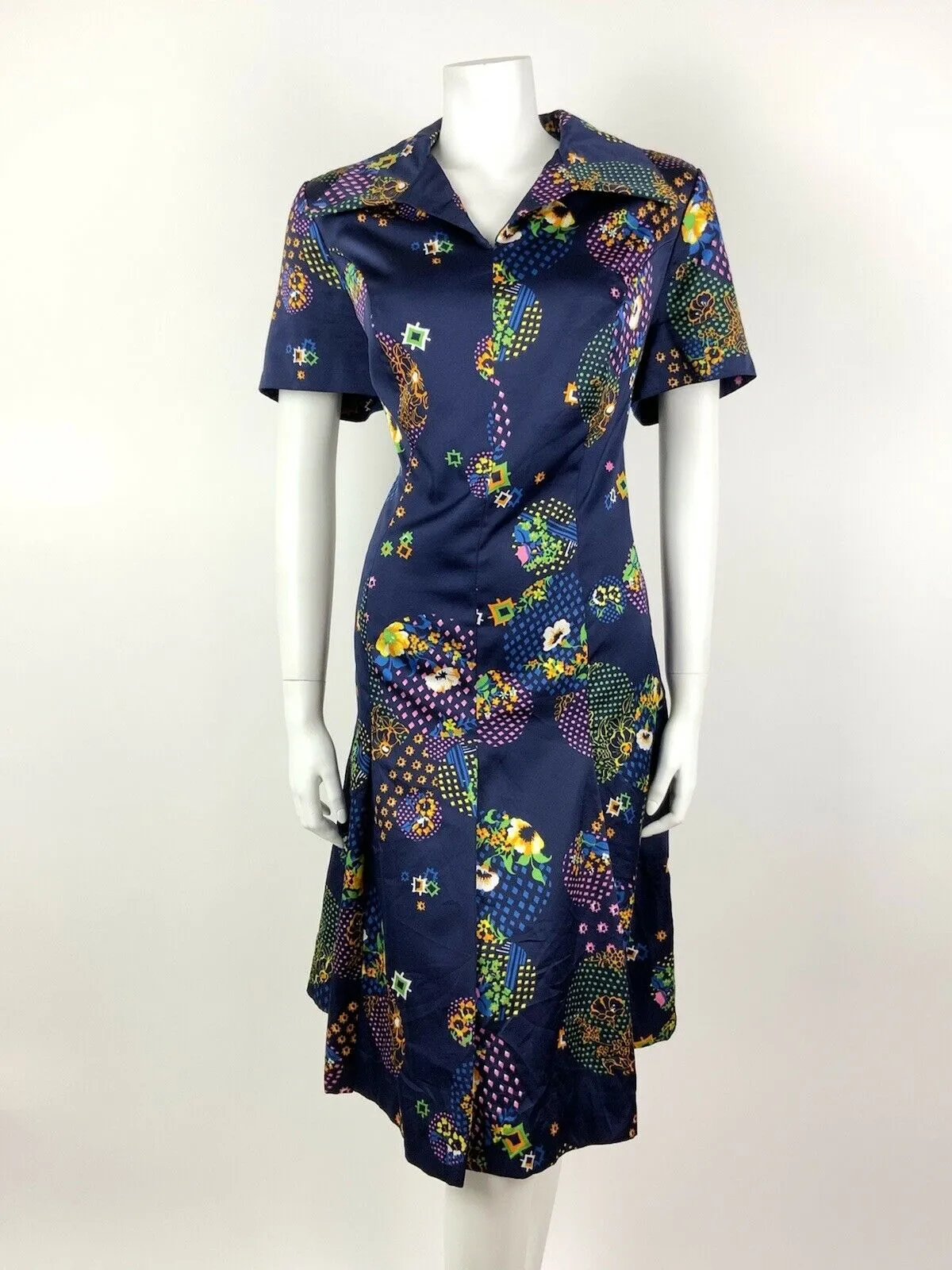 VINTAGE 60s 70s BLUE PINK GREEN YELLOW GEOMETRIC FLORAL DOTTY DAGGER DRESS 14 16