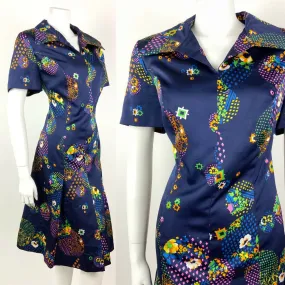 VINTAGE 60s 70s BLUE PINK GREEN YELLOW GEOMETRIC FLORAL DOTTY DAGGER DRESS 14 16