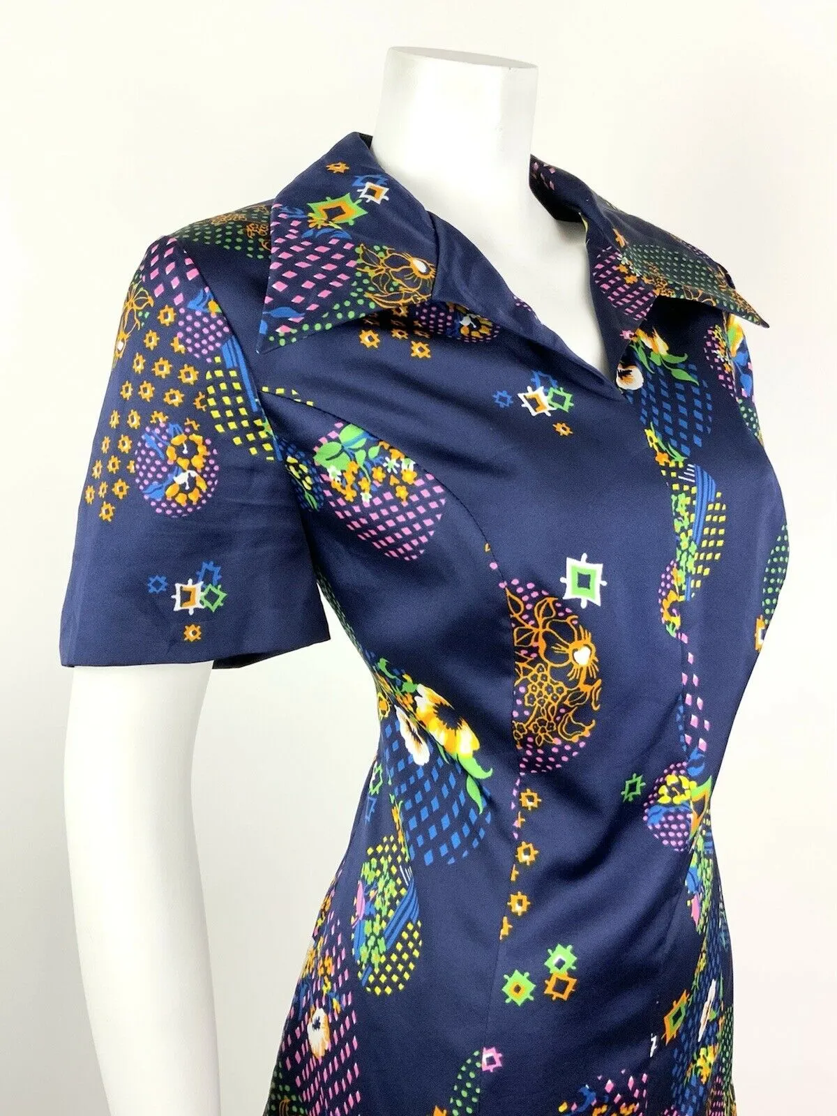 VINTAGE 60s 70s BLUE PINK GREEN YELLOW GEOMETRIC FLORAL DOTTY DAGGER DRESS 14 16