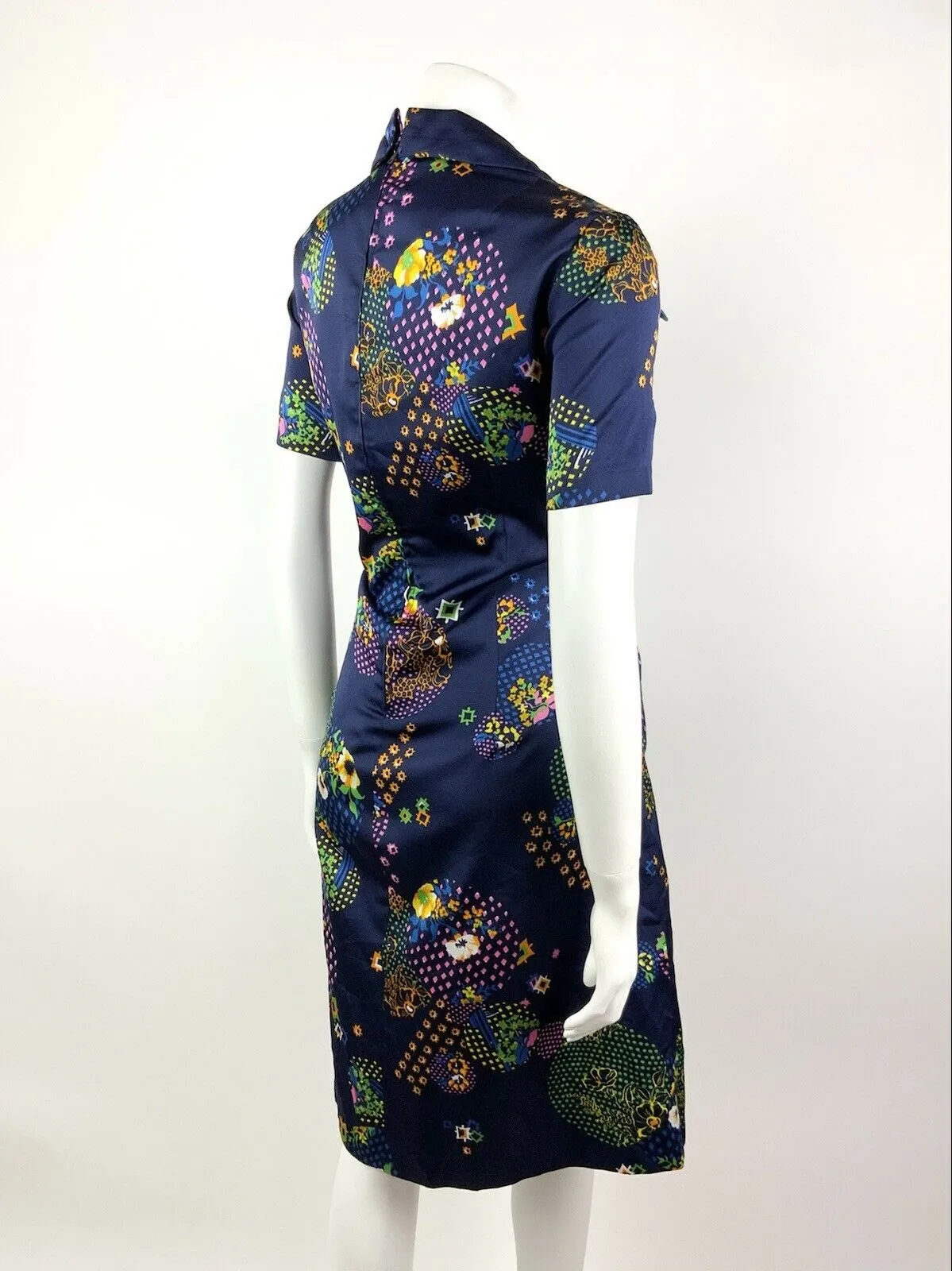 VINTAGE 60s 70s BLUE PINK GREEN YELLOW GEOMETRIC FLORAL DOTTY DAGGER DRESS 14 16