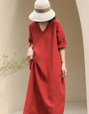 Womens V-neck Loose Linen Dress Red